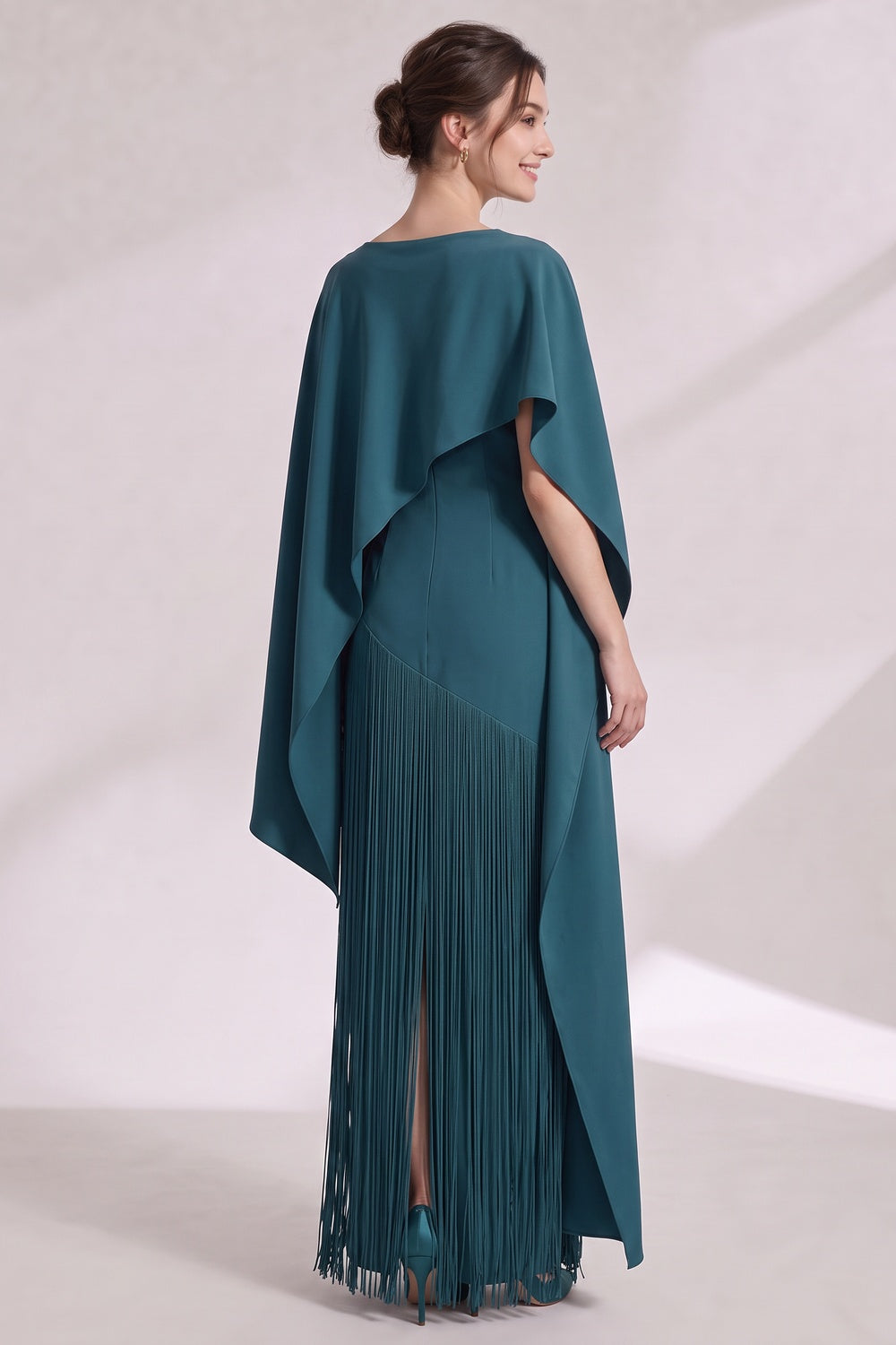 f845cb56e5fa9932 TEAL MATTE CREPE COLUMN GOWN ASYMMETRICAL CAPE EVENING