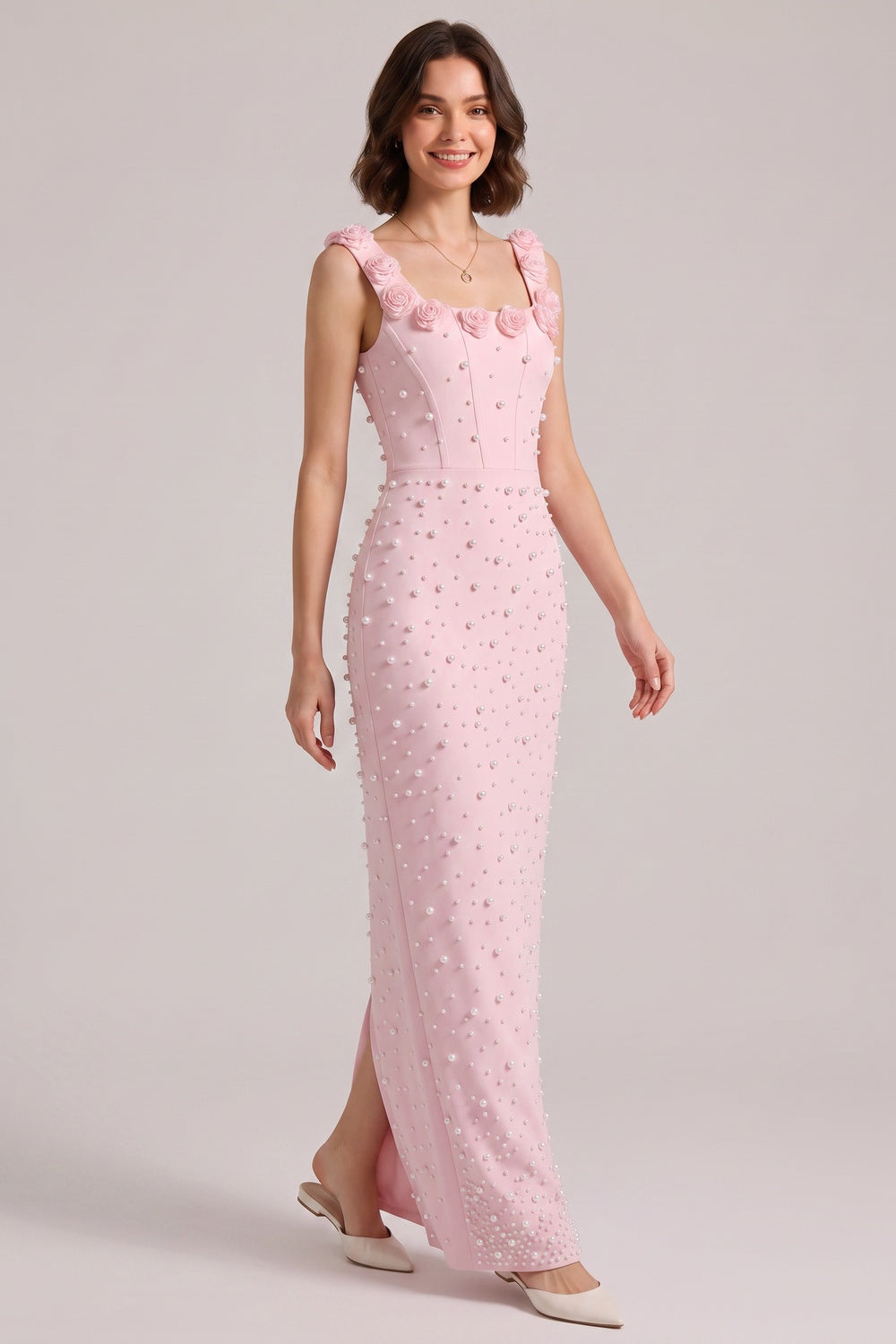 PINK 3D ROSE PEARL BEADED MERMAID MAXI GOWN