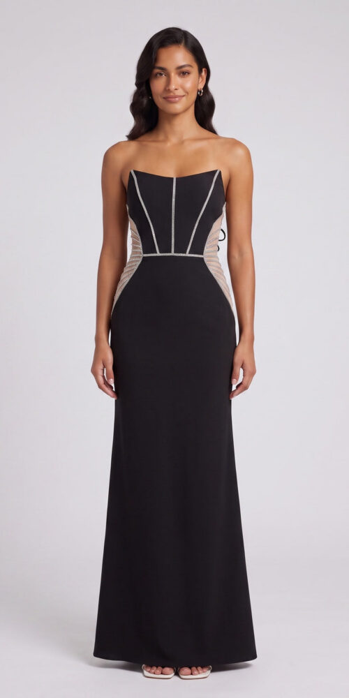 f8849b63660bf162 BLACK LACE-UP BACK MAXI DRESS EMBELLISHED MESH EVENING