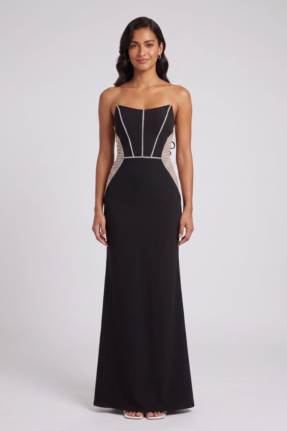 f8849b63660bf162 BLACK LACE-UP BACK MAXI DRESS EMBELLISHED MESH EVENING