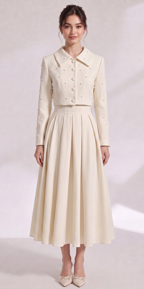 f89e1fe009c951e6 PEARL COLLAR CROP BLAZER & PLEATED MIDI SKIRT SET
