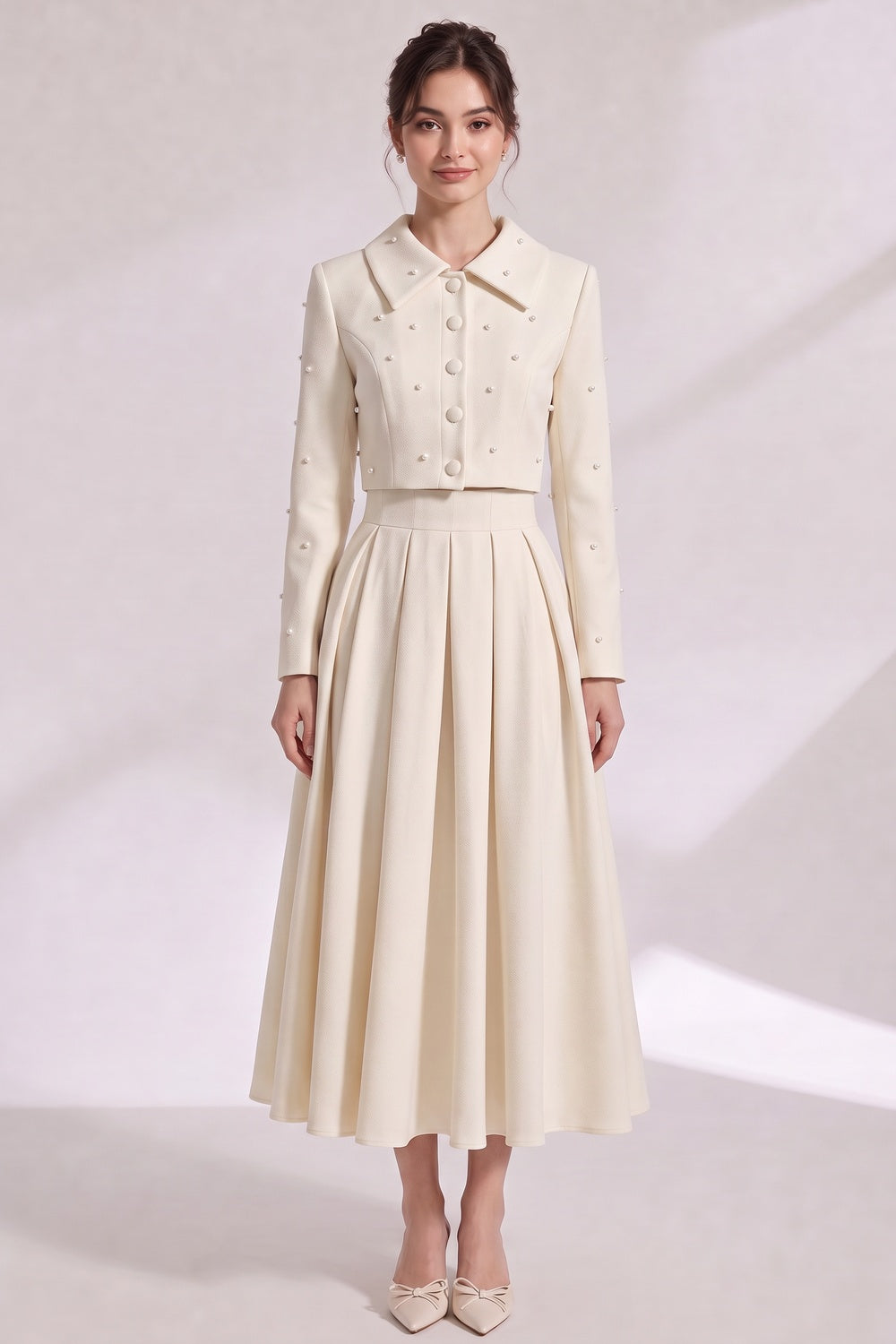 f89e1fe009c951e6 PEARL COLLAR CROP BLAZER & PLEATED MIDI SKIRT SET