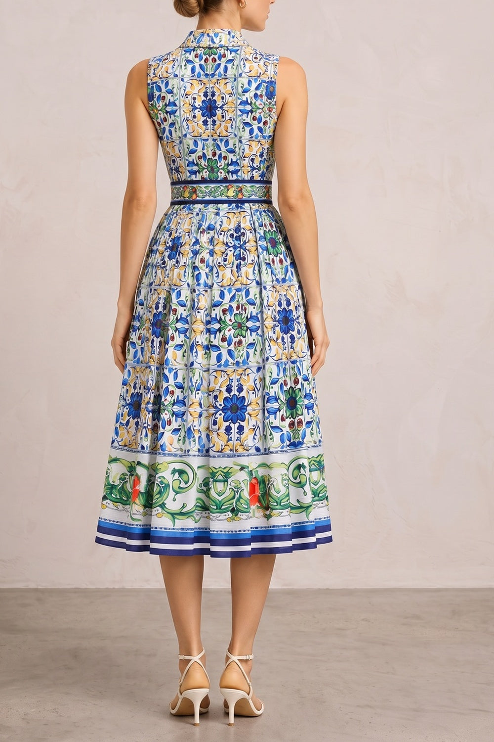 f8e3e66265cae6e6 SLEEVELESS COLLARED TILE PRINT BELTED A-LINE MIDI DRESS