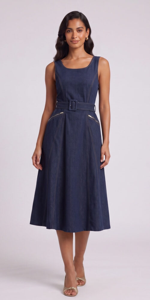 f92aa8bc6df71aef DARK BLUE DENIM FIT-AND-FLARE MIDI DRESS FOR WEDDING GUEST