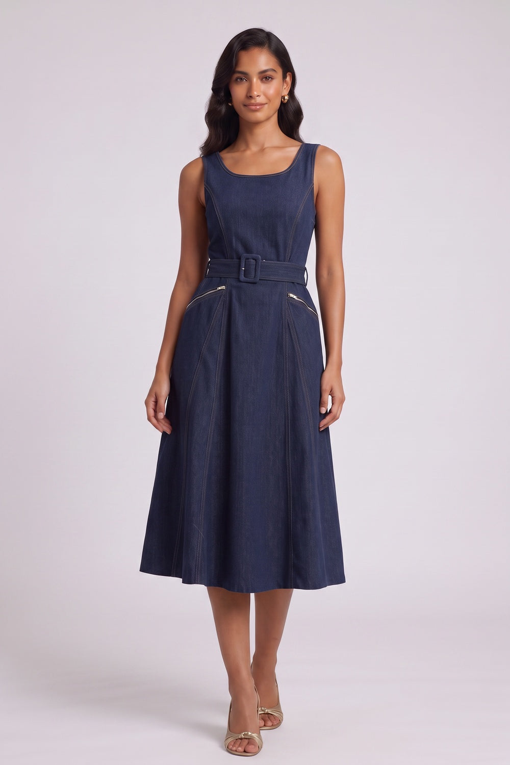 f92aa8bc6df71aef DARK BLUE DENIM FIT-AND-FLARE MIDI DRESS FOR WEDDING GUEST