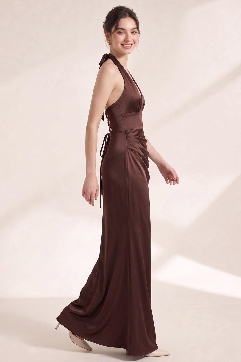 f93417978b926924 CHOCOLATE BROWN SATIN FITTED COLUMN GOWN