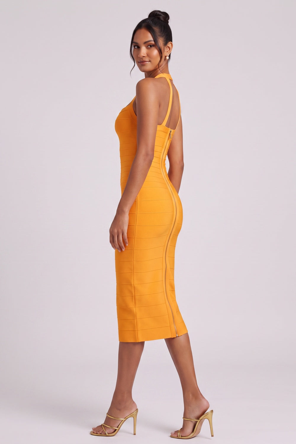 YELLOW HALTER BANDAGE MIDI DRESS FOR PARTY