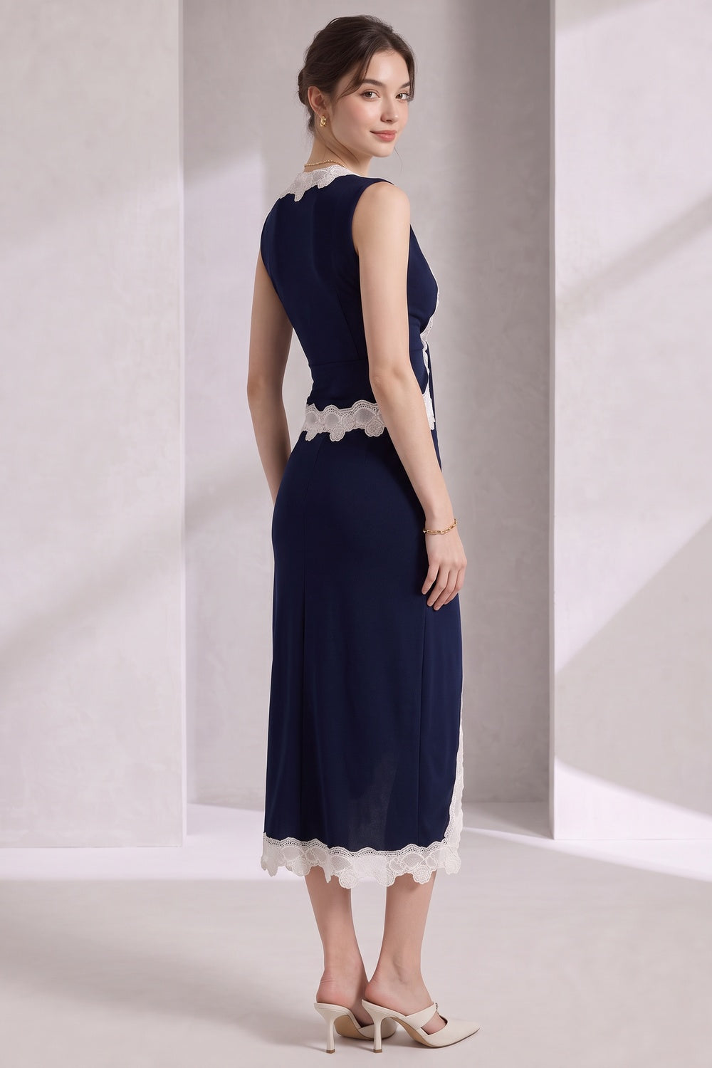 f96702771a66fe22 DARK NAVY FITTED LACE TRIM TWO-PIECE SET