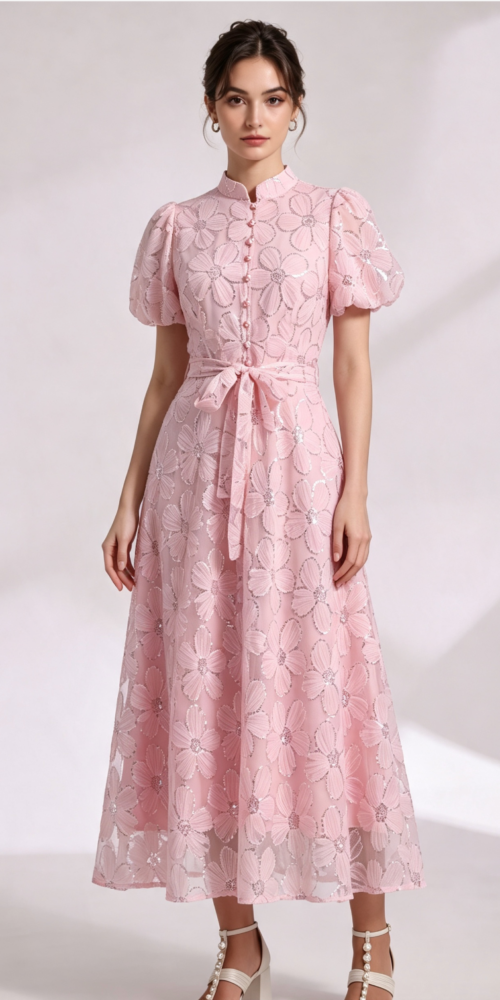 LIGHT PINK SHEER ORGANZA A-LINE MIDI DRESS FLORAL APPLIQUE