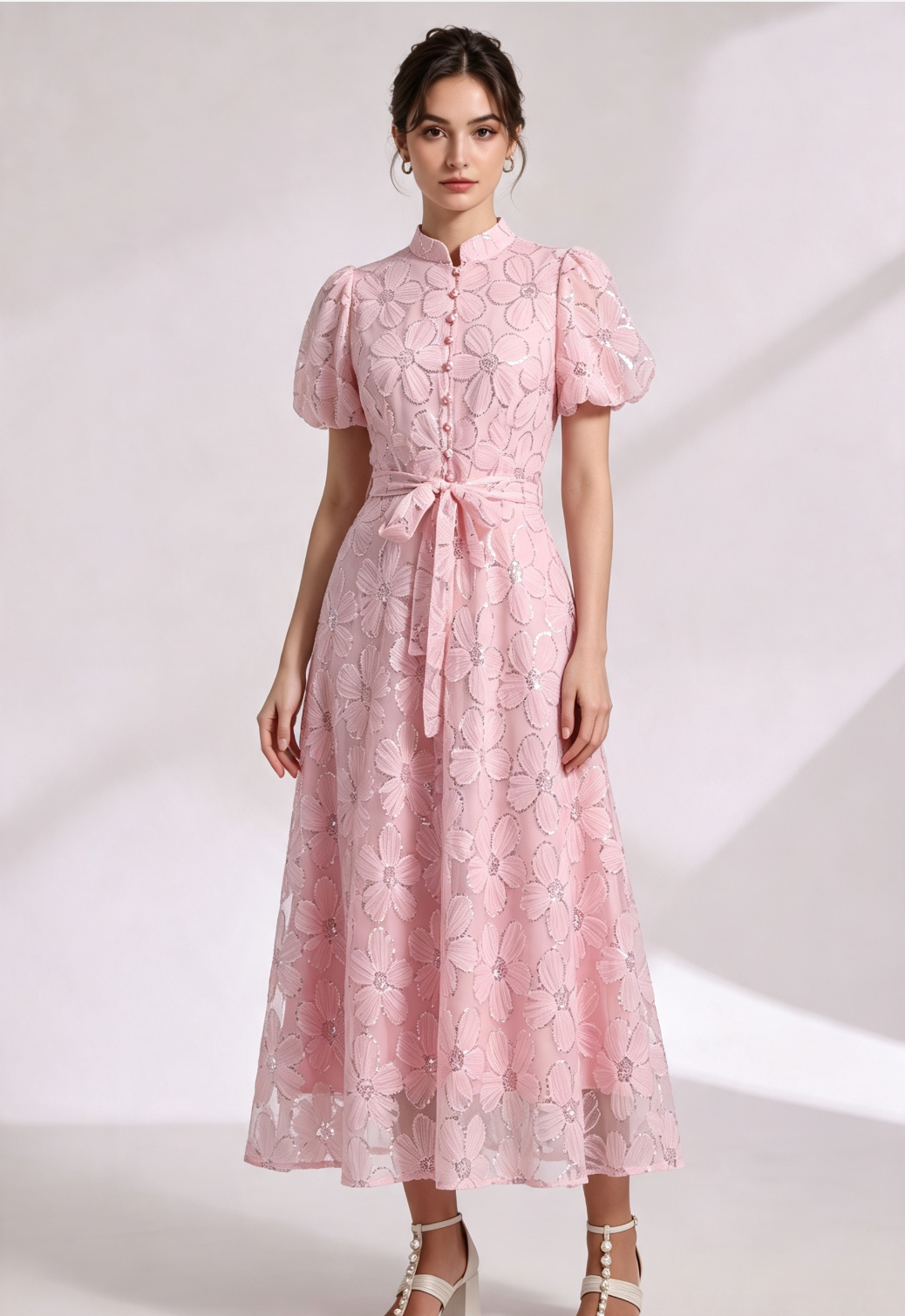 LIGHT PINK SHEER ORGANZA A-LINE MIDI DRESS FLORAL APPLIQUE