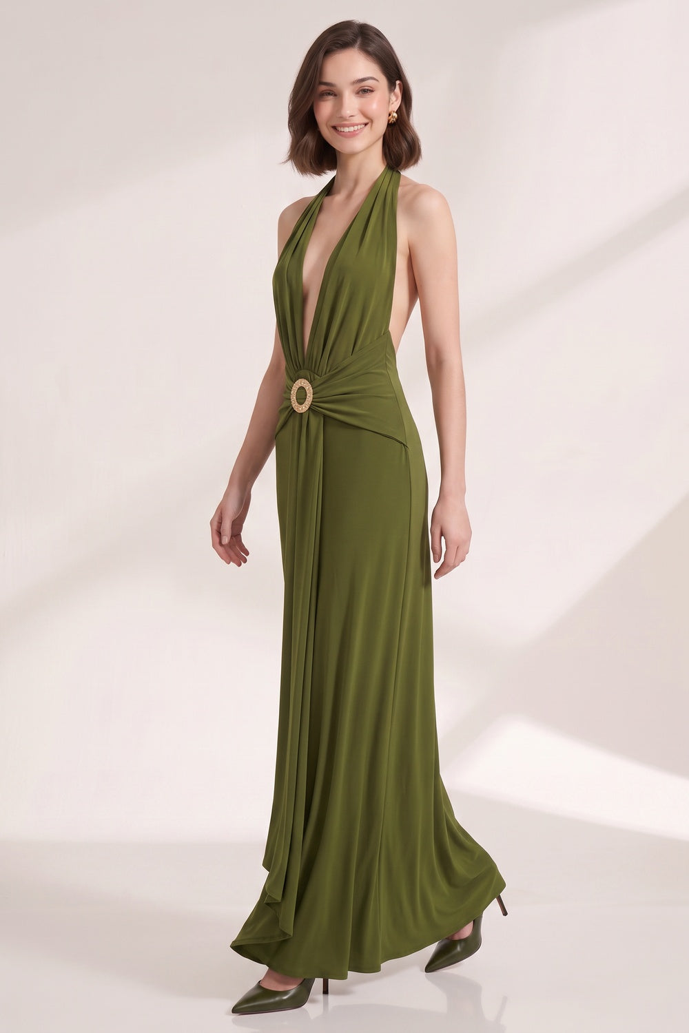 f9d7588b778aba6f OLIVE GREEN FLUID COLUMN DRESS FOR EVENING