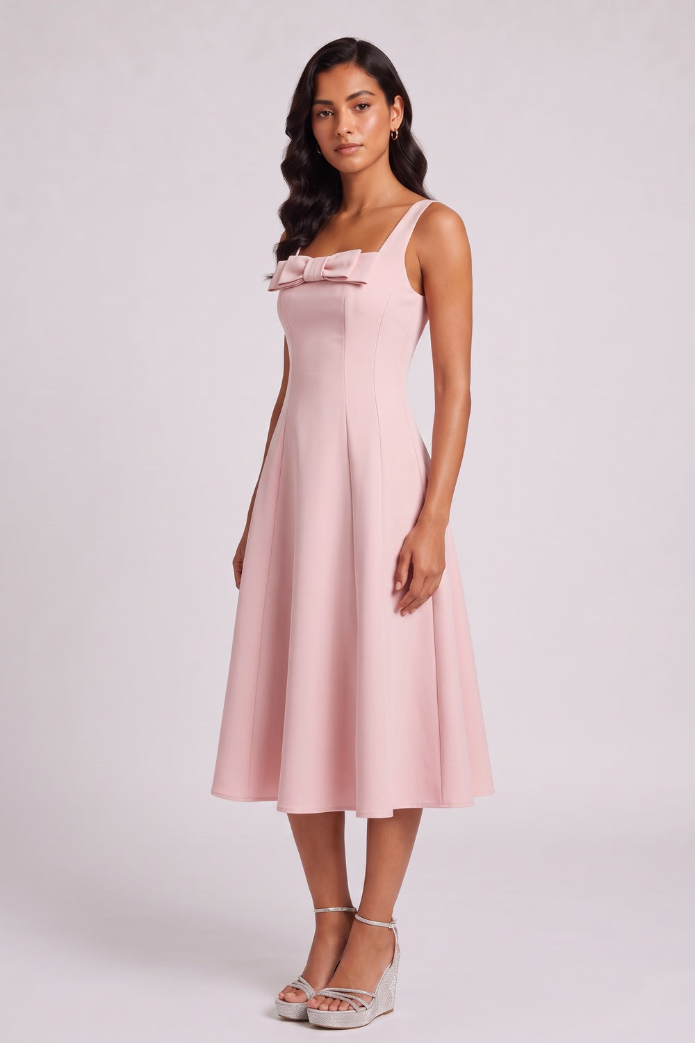 fa20f9fb2dceb487 SQUARE NECK BOW SATIN MIDI SWING DRESS