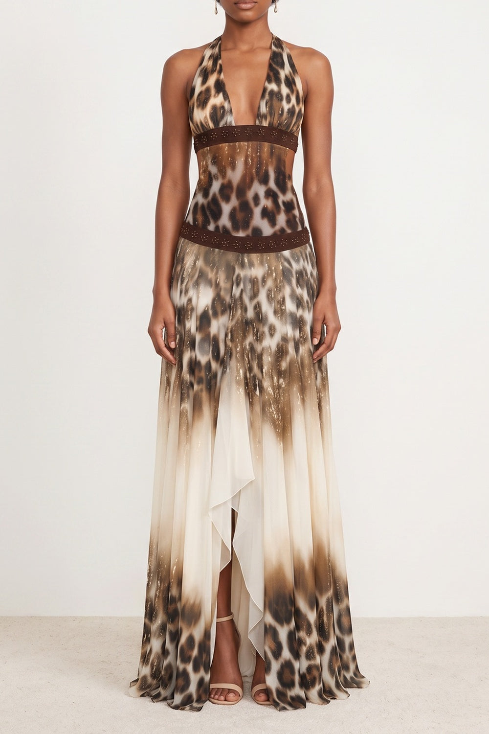 HALTER LEOPARD MAXI DRESS BEADED SPLIT EVENING