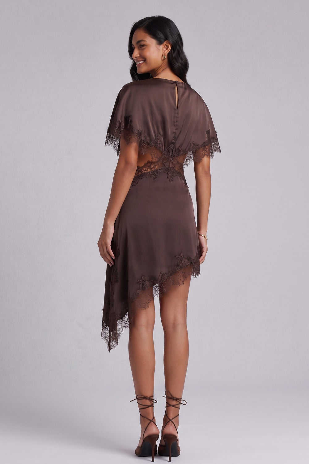 fadce790a783bb4e CHOCOLATE BROWN SATIN ASYMMETRIC A-LINE CAPELET DRESS