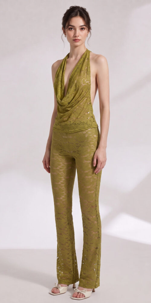 fb0e3e57c1b3cbd9 OLIVE GREEN LACE HALTER COWL NECK TOP & FLARED PANTS SET