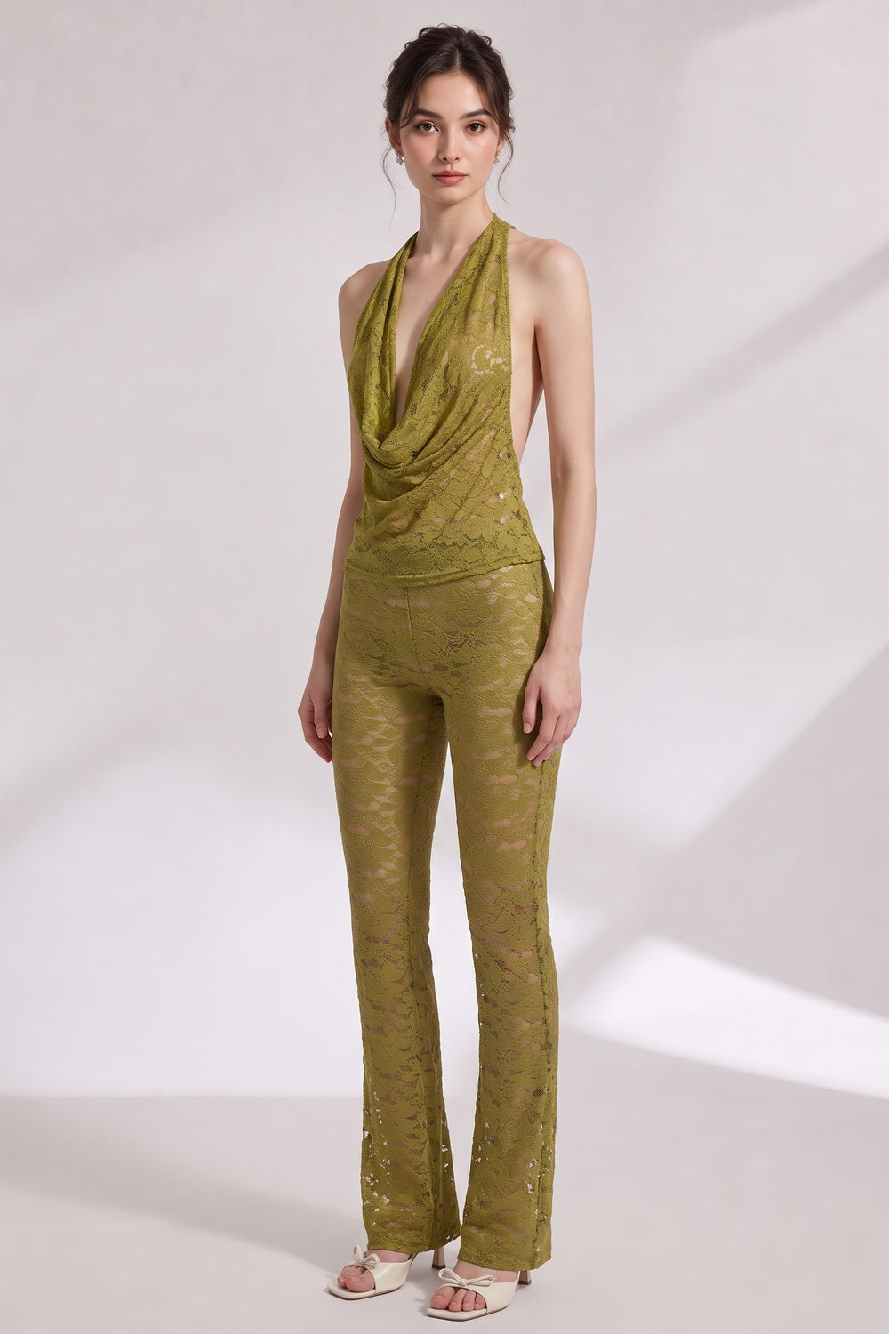 fb0e3e57c1b3cbd9 OLIVE GREEN LACE HALTER COWL NECK TOP & FLARED PANTS SET