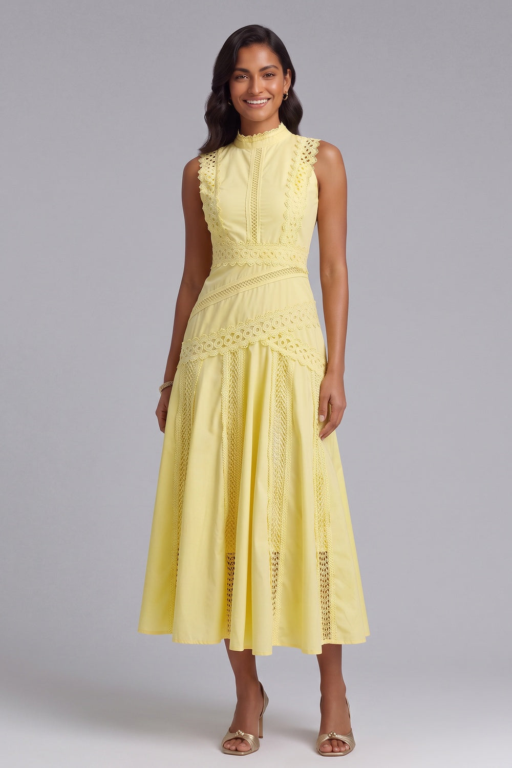 fb4a01058e9bd806 YELLOW A-LINE LACE MIDI DRESS FOR WEDDING GUEST