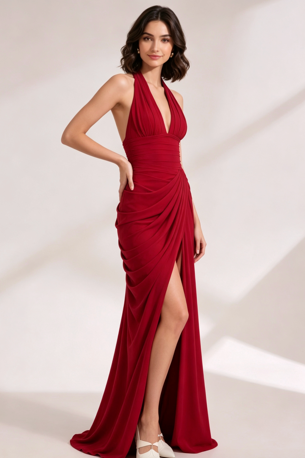 fb649772f9b6ae2deb6ce2150d48d3cb DEEP RED JERSEY COLUMN GOWN, DRAPED OVERLAY