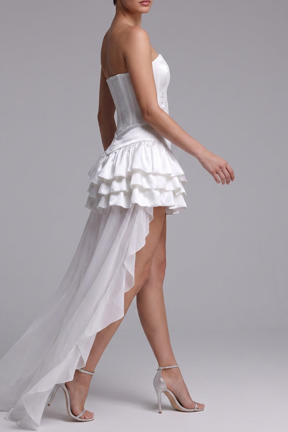 fb81fcd61819d77c STRAPLESS CORSET HIGH-LOW RUFFLE MINI DRESS