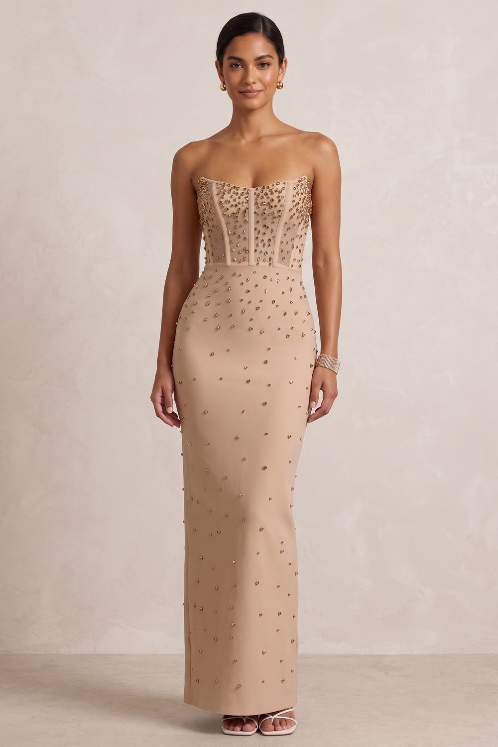 fc65261c82f3c64a BEIGE STRAPLESS STUDDED MAXI GOWN