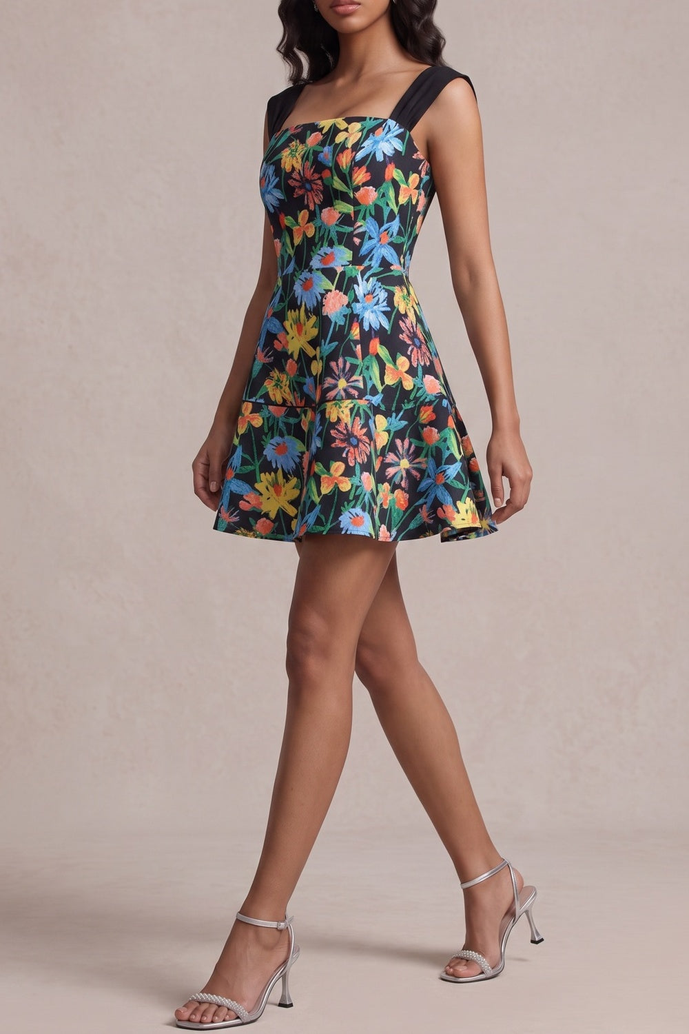 fc78b1403fb68474 SQUARE NECK CAP SLEEVE FLORAL MINI DRESS