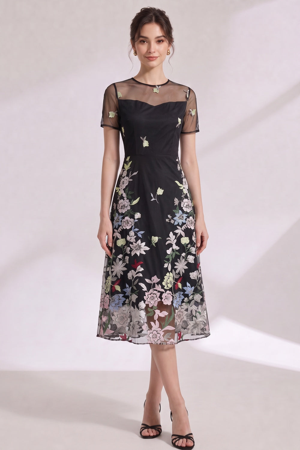 fc83f197d66aed9c BLACK FLORAL EMBROIDERY A-LINE MIDI DRESS SHEER OVERLAY