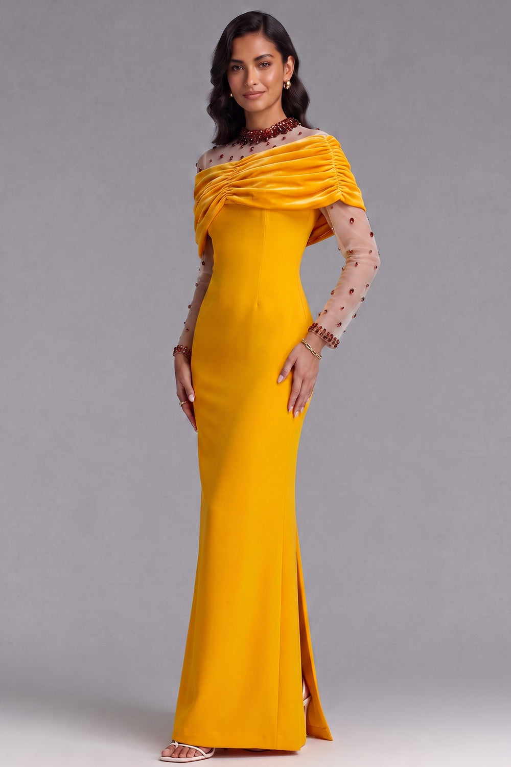 YELLOW VELVET OFF-SHOULDER BEADED GOWN