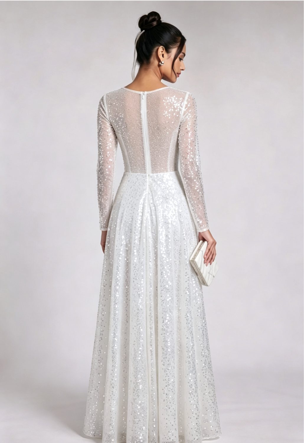 WHITE SEQUIN TULLE A-LINE PROM GOWN