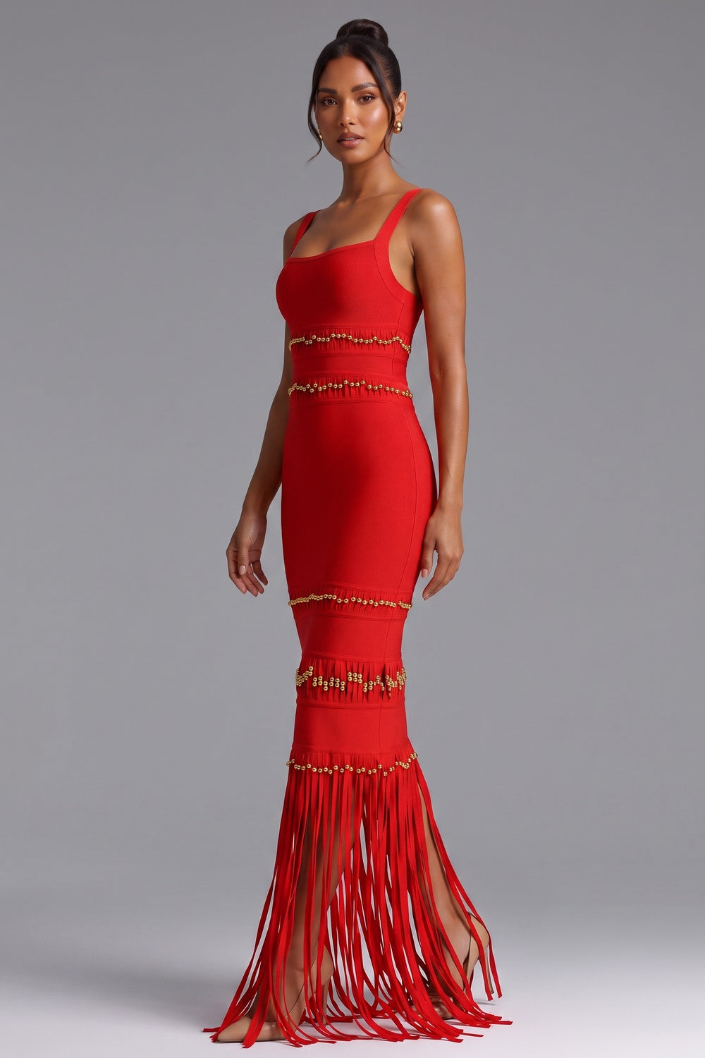 fcfa894ce4d6a9db RED FRINGE MAXI DRESS GOLD BEAD DETAIL PARTY