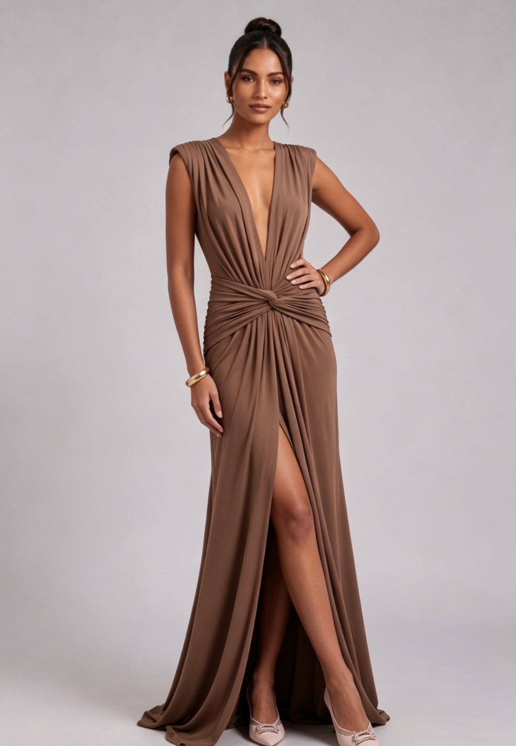 BROWN JERSEY TWIST COLUMN GOWN FOR EVENING