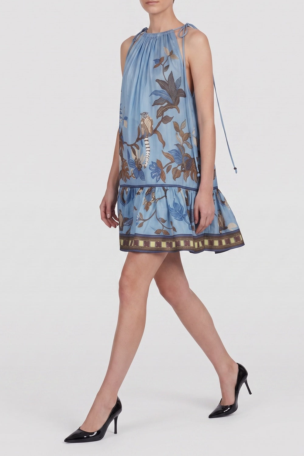 TIE HALTER JUNGLE PRINT RUFFLE MINI DRESS
