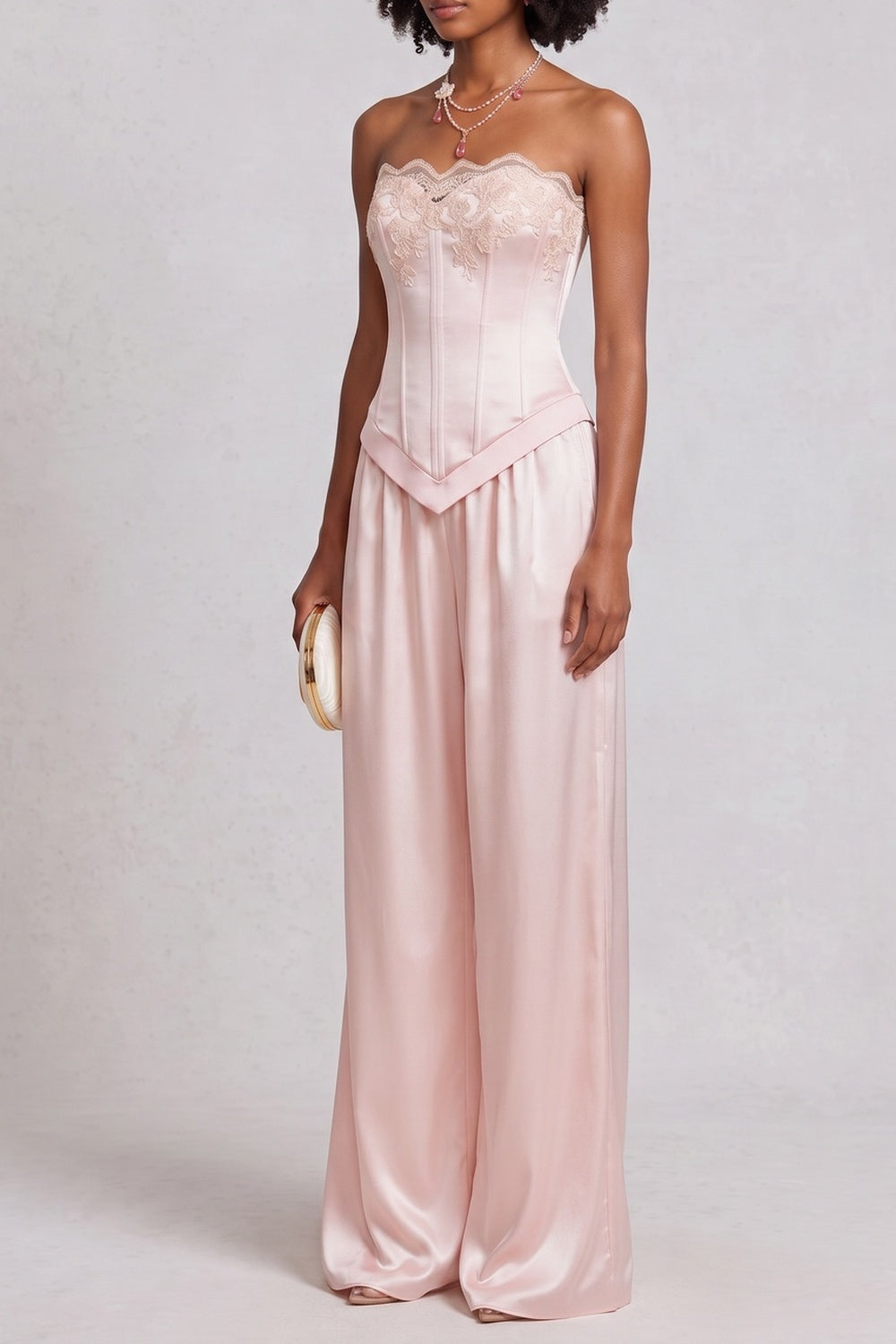 STRAPLESS LACE SATIN TOP & WIDE LEG PANT SET