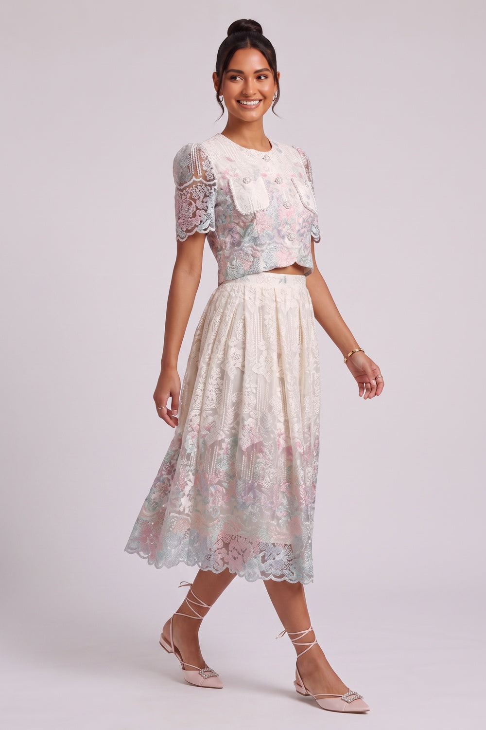 fd3f8b2f7c94dcd6 FLORAL LACE 2PC SET – CROPPED JACKET & MIDI SKIRT