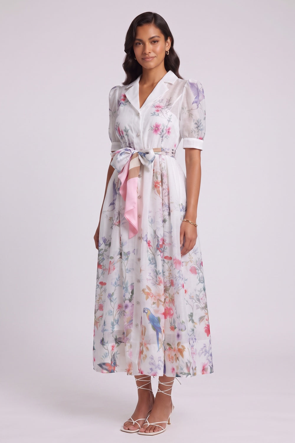 fdb346c2c017b2b6 WHITE BOTANICAL PRINT A-LINE MIDI DRESS PUFF SLEEVES