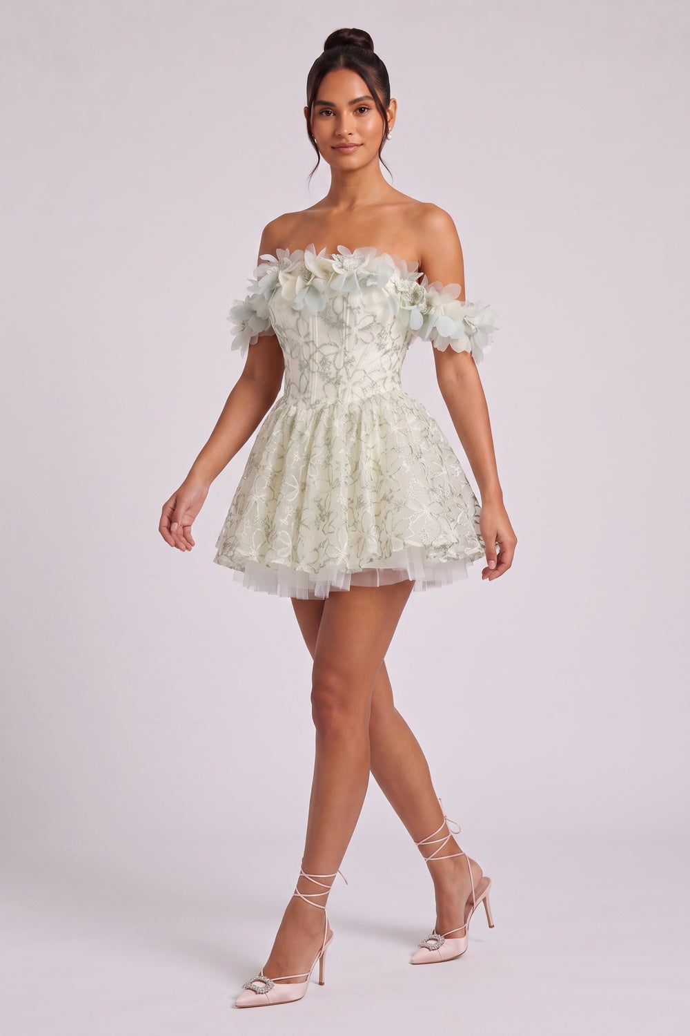 fde035e6b6c50254 PALE SAGE ORGANZA FLORAL EMBROIDERED FIT-FLARE MINI DRESS