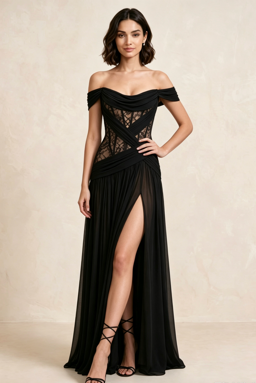 BLACK CHIFFON A-LINE GOWN HIGH SLIT FITTED BODICE