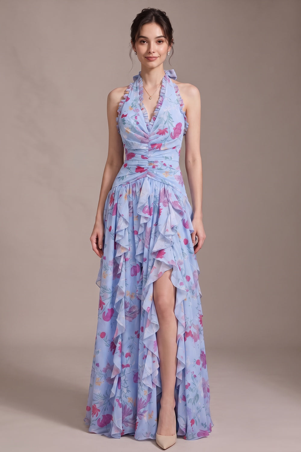 fe01990c85e3807b LIGHT BLUE CHIFFON FIT-AND-FLARE EVENING GOWN