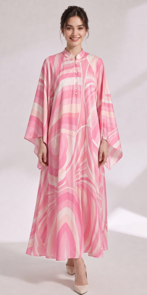 fe28b48a813cc35f PINK SILK SATIN PSYCHEDELIC SWIRL KAFTAN DRESS