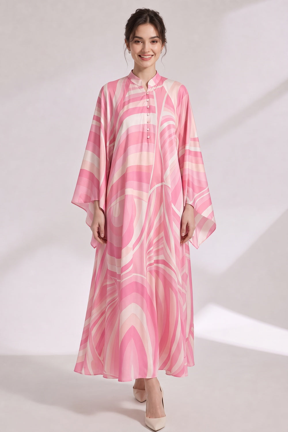 fe28b48a813cc35f PINK SILK SATIN PSYCHEDELIC SWIRL KAFTAN DRESS