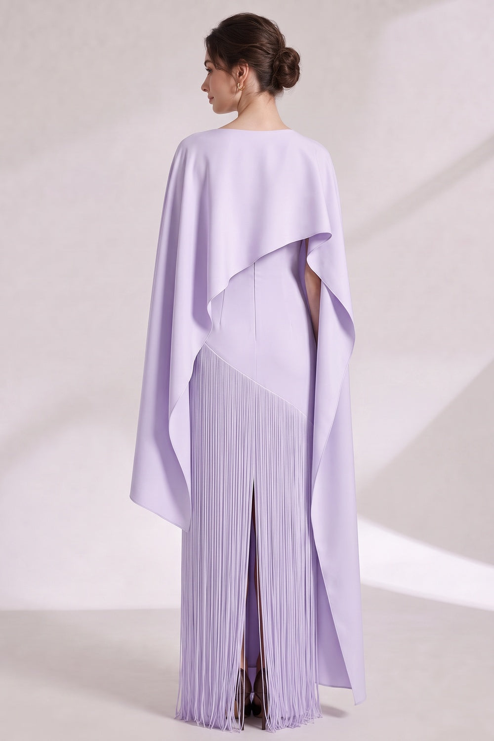 LAVENDER CAPE COLUMN EVENING GOWN, ASYMMETRICAL OVERLAY