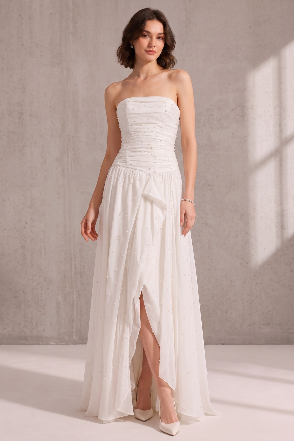 fe9761c6ff28bdff WHITE STRAPLESS RUCHED PEARL CHIFFON HIGH SLIT MAXI GOWN