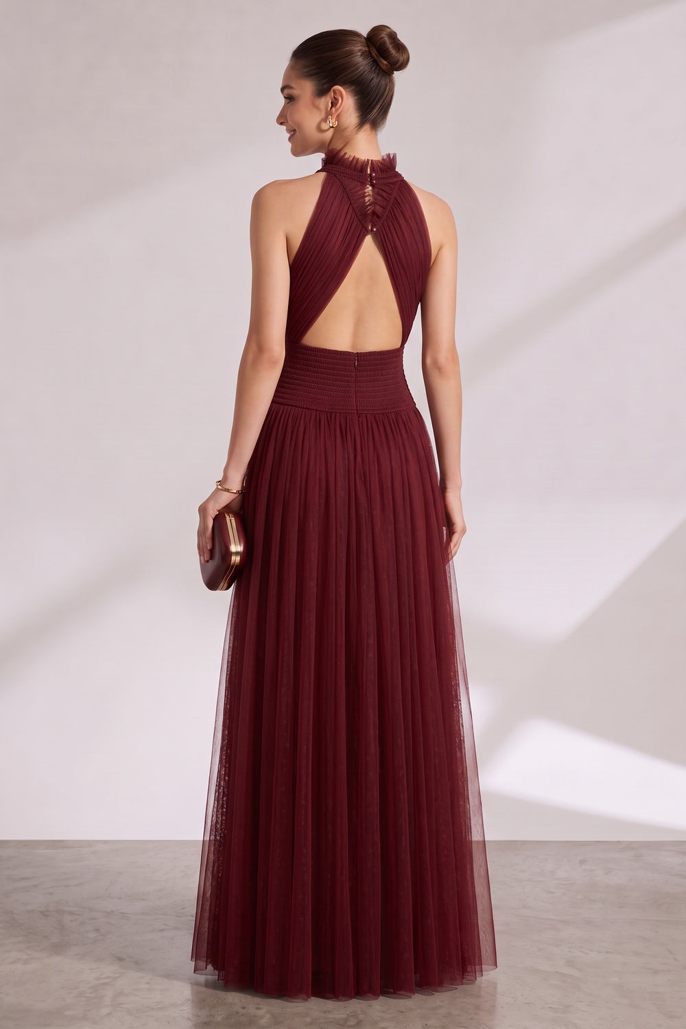 BURGUNDY HALTER PLEATED MAXI DRESS FOR WEDDING GUEST