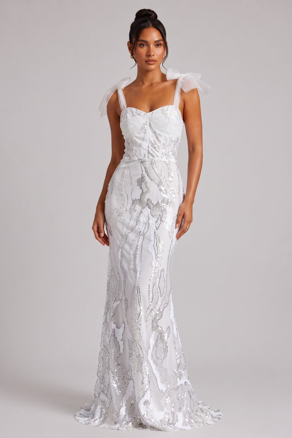 model_master_4ecca3c6-07a4-4a36-98c4-4d14170d1a53 WHITE SEQUIN BOW STRAP GOWN, FLOOR-LENGTH EVENING DRESS