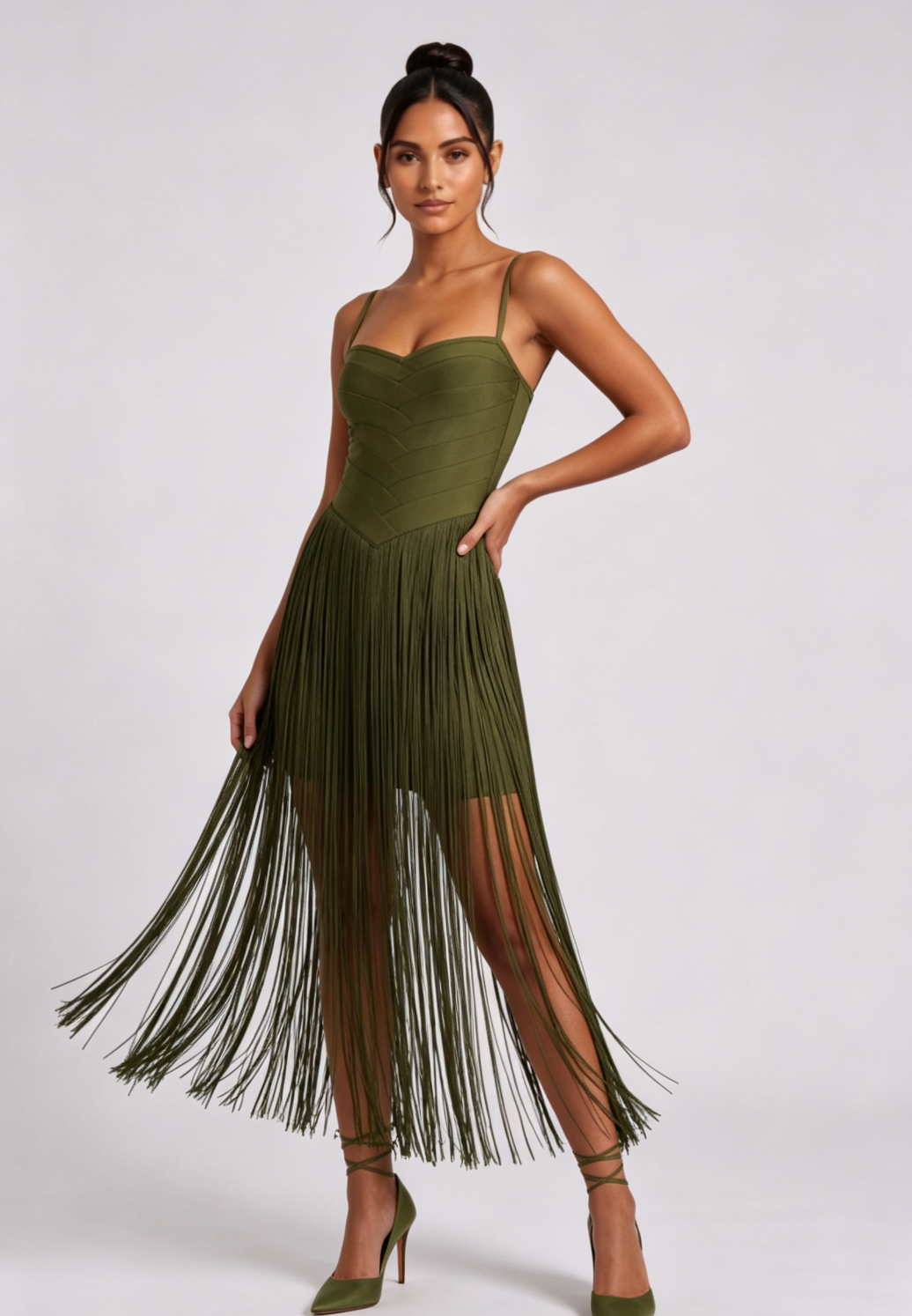 001936bd291ac08db01e32f22df39e2d OLIVE STRETCH KNIT FRINGE BODYCON DRESS