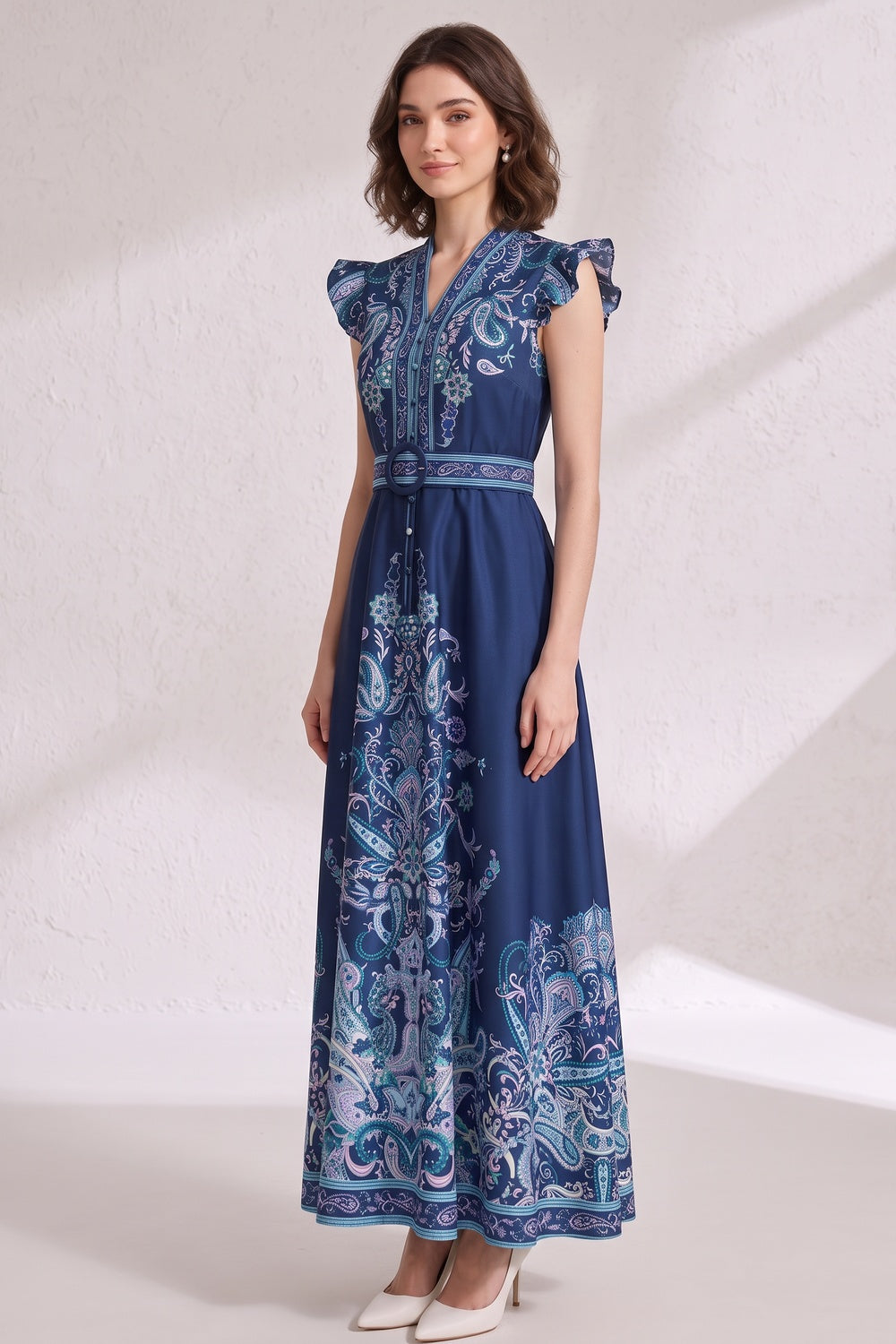 01129a3187b61393 NAVY FIT-AND-FLARE MAXI DRESS – WEDDING GUEST