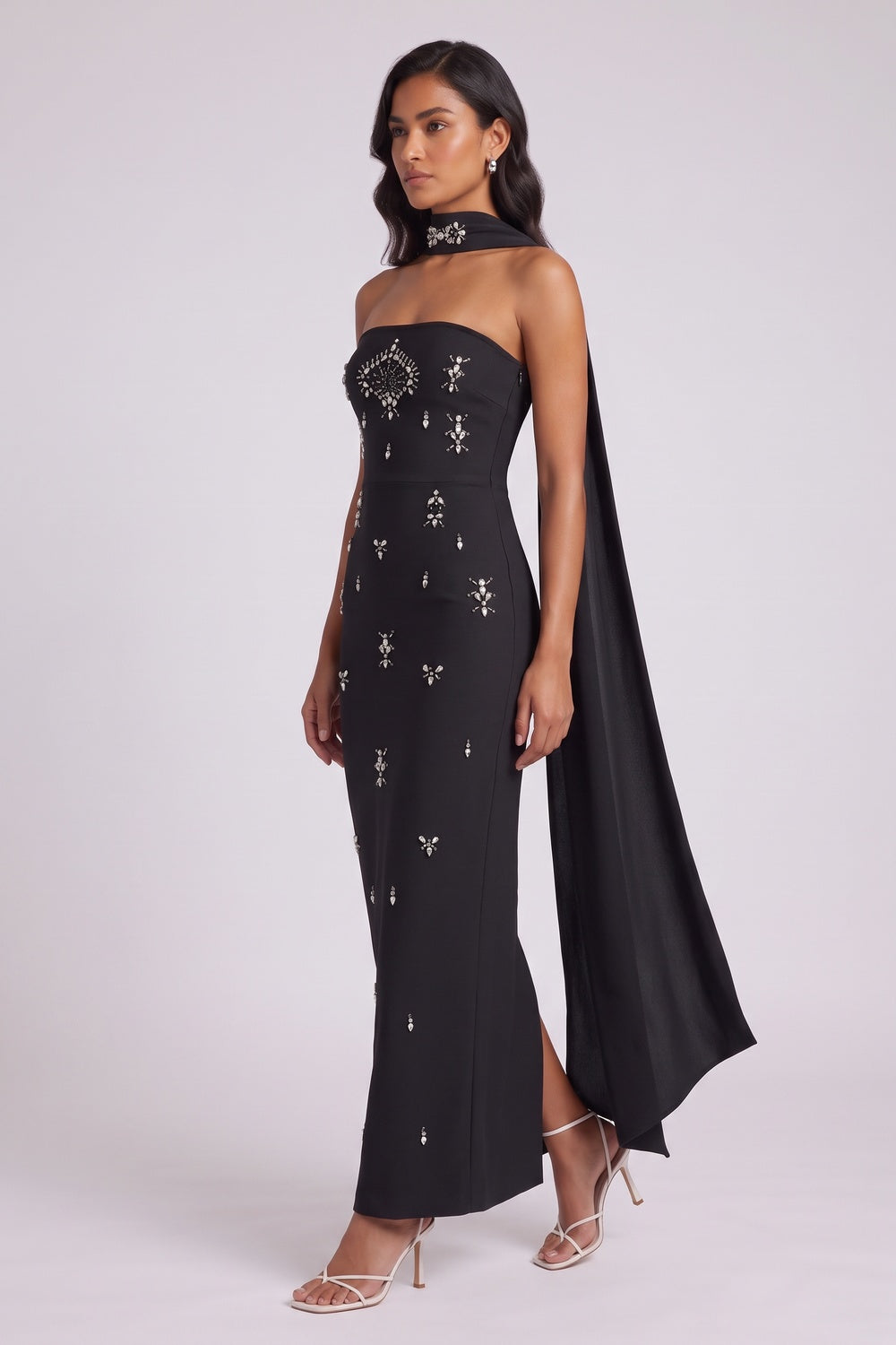 01a6908f2bd1e1bc BLACK CAPE COLUMN MAXI DRESS SILVER EMBELLISHED EVENING