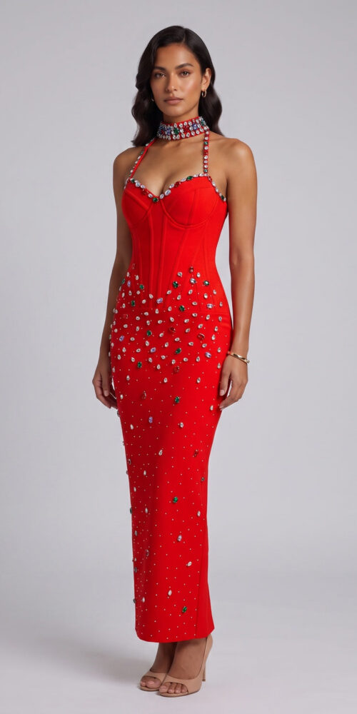025d1071ed631b9b RED HALTER SHEATH DRESS – EMBELLISHED COCKTAIL