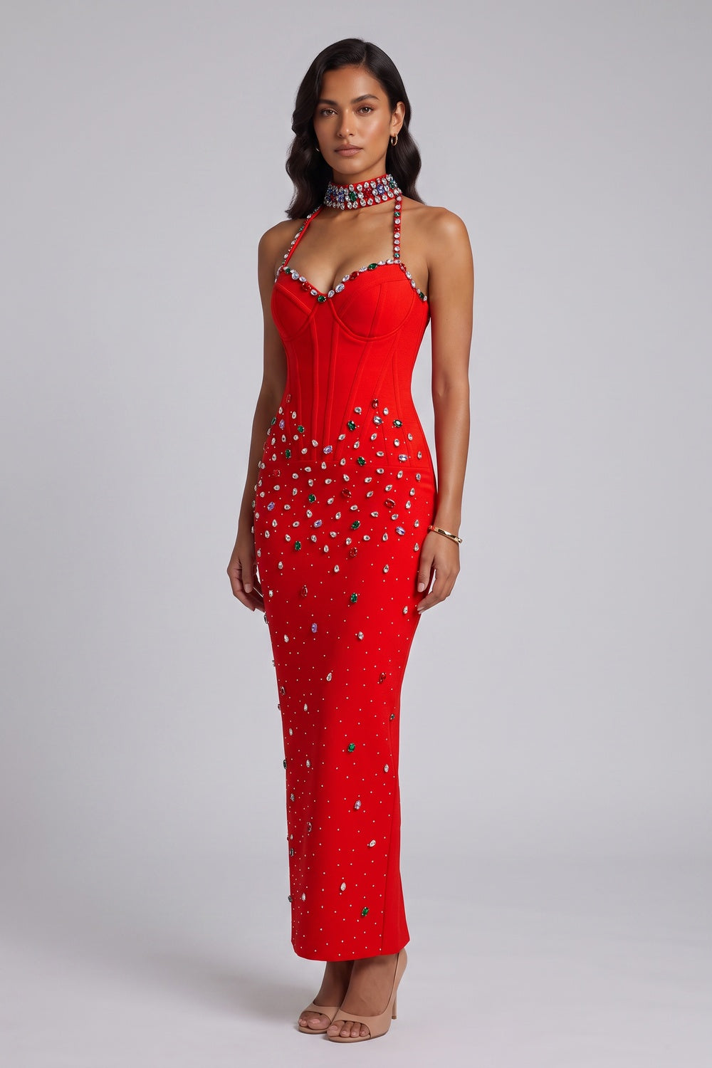025d1071ed631b9b RED HALTER SHEATH DRESS – EMBELLISHED COCKTAIL