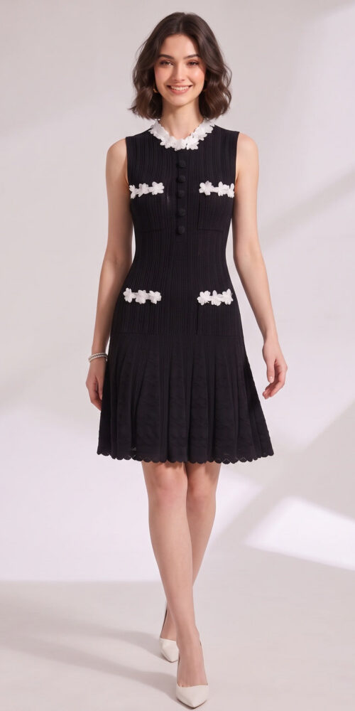 02e63c2e9ddf5401 BLACK RIBBED FIT-AND-FLARE DRESS – MIDI PARTY