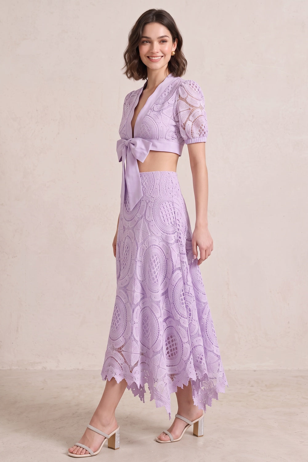 03164af0ef2f9f69 LAVENDER CROCHET LACE CROP TOP & A-LINE SKIRT SET